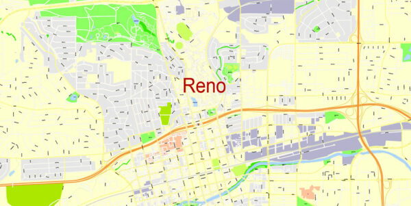 Reno Printable Map, Nevada, US, exact vector Map City Plan 100 meters ...
