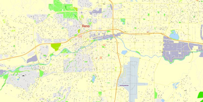 Printable Map Reno, Nevada, US, exact vector Map street G-View City Plan Level 17 (100 meters scale) full editable, Adobe Illustrator