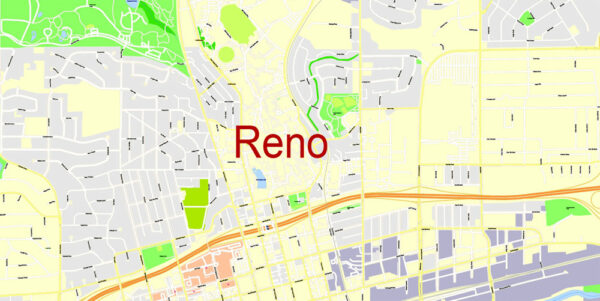 Reno Printable Map, Nevada, US, exact vector Map City Plan 100 meters ...
