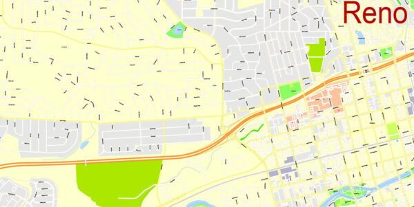 Reno Printable Map, Nevada, US, exact vector Map City Plan 100 meters ...