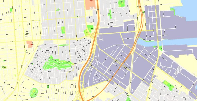 Printable Map San Francisco, California, US, exact vector Map street G-View City Plan Level 17 (100 meters scale) full editable, Adobe Illustrator