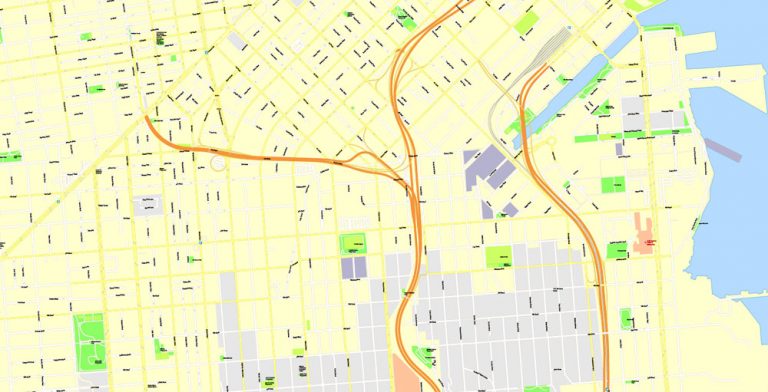 San Francisco Printable Map, California, US, exact vector Map street G ...