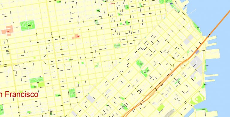 San Francisco Printable Map, California, US, exact vector Map street G ...
