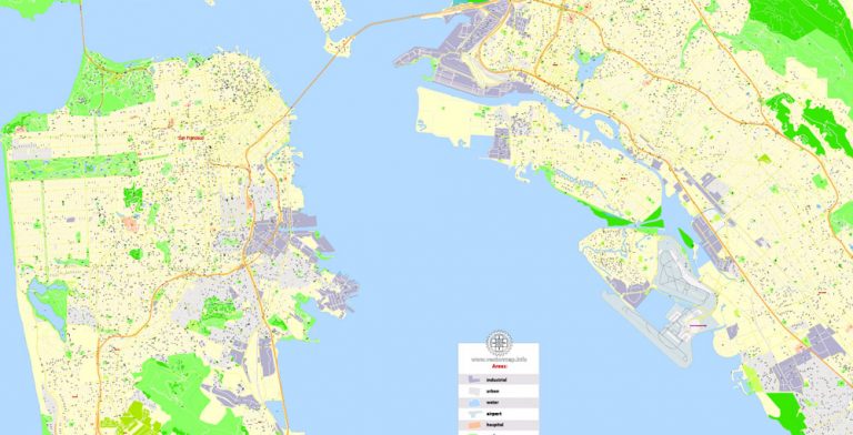 San Francisco Printable Map, California, US, exact vector Map street G ...