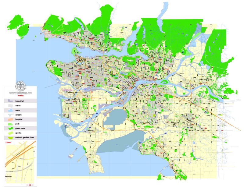 Printable Map Vancouver Metro Area, Canada, exact vector Map street G-View City Plan Level 13 (2000 meters scale) full editable, Adobe Illustrator