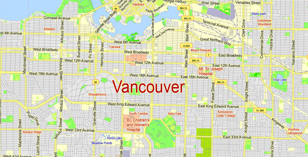 Printable Map Vancouver Metro Area, Canada, exact vector Map street G-View City Plan Level 13 (2000 meters scale) full editable, Adobe Illustrator