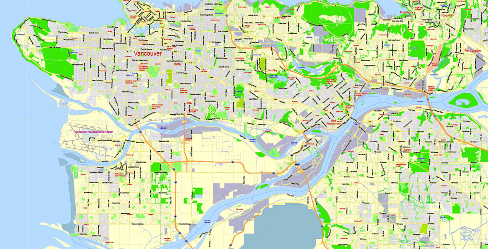 Vancouver Metro Area PDF Map, Canada, exact vector Map street G-View City Plan Level 13 (2000 meters scale)  full editable, Adobe PDF