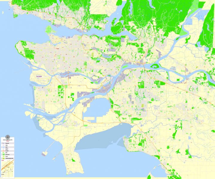 Vancouver Printable Map, Canada, exact vector Map street G-View City ...