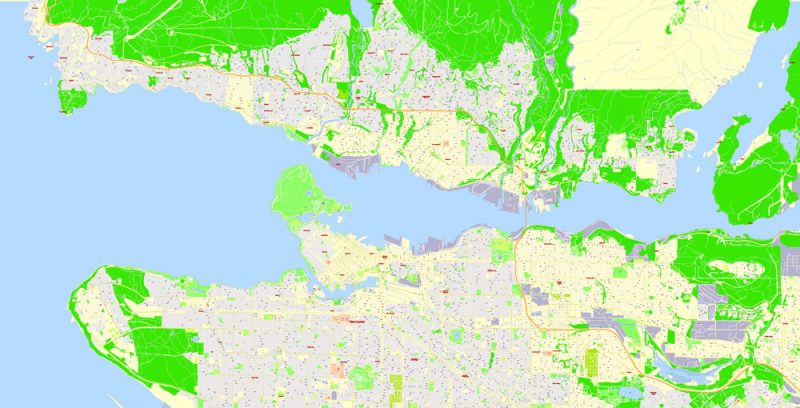 Printable Map Vancouver Metro Area, Canada, exact vector Map street G-View City Plan Level 17 (100 meters scale) full editable, Adobe Illustrator