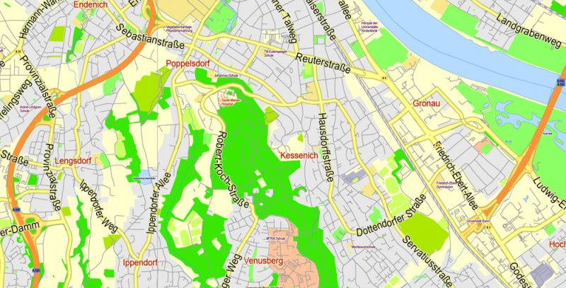 Printable Vector Map Cologne Köln + Bonn, Germany, G-View level 13 (2000 m scale) street City Plan map, full editable, Adobe Illustrator