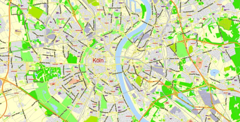 Printable Vector Map Cologne Köln + Bonn, Germany, G-View level 13 (2000 m scale) street City Plan map, full editable, Adobe Illustrator