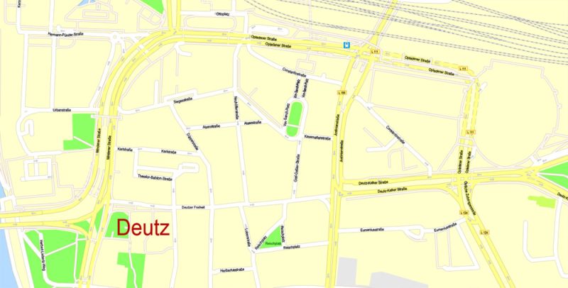 Printable Vector Map Cologne Köln, Germany, G-View level 17 (100 m scale) street City Plan map, full editable, Adobe Illustrator
