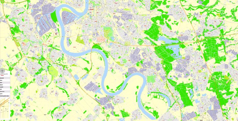 Printable Vector Map Dusseldorf, Germany, G-View level 17 (100 m scale) street City Plan map, full editable, Adobe Illustrator
