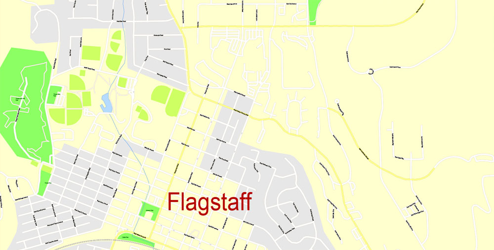 Printable Map Flagstaff, Arizona, US, exact vector Map street G-View City Plan Level 17 (100 meters scale) full editable, Adobe Illustrator