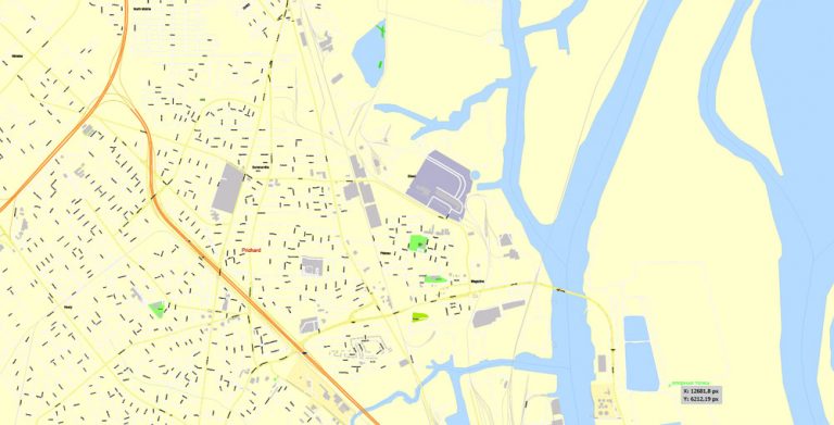 Mobile PDF Map, Alabama, US, exact vector Map street G-View City Plan Level 17 (100 meters scale ...
