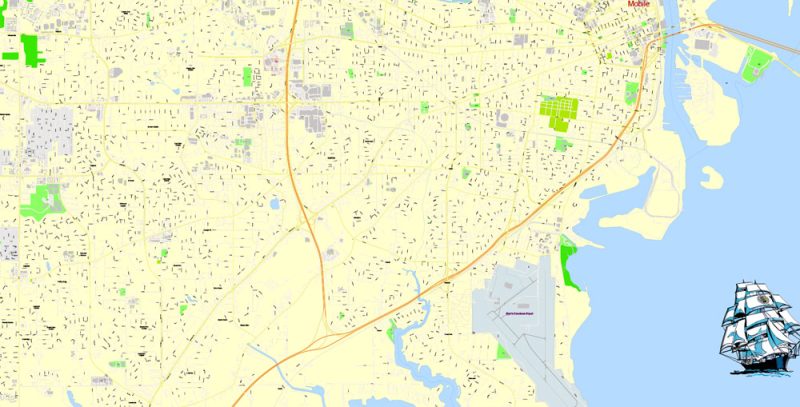 Printable Map Mobile, Alabama, US, exact vector Map street G-View City Plan Level 17 (100 meters scale) full editable, Adobe Illustrator