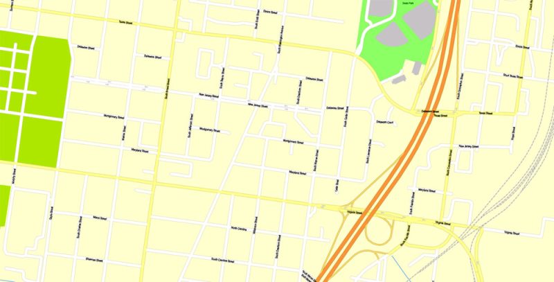 Printable Map Mobile, Alabama, US, exact vector Map street G-View City Plan Level 17 (100 meters scale) full editable, Adobe Illustrator
