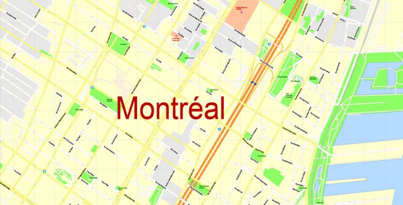 Printable Map Montreal, Canada, exact vector Map street G-View City Plan Level 17 (100 meters scale) full editable, Adobe Illustrator