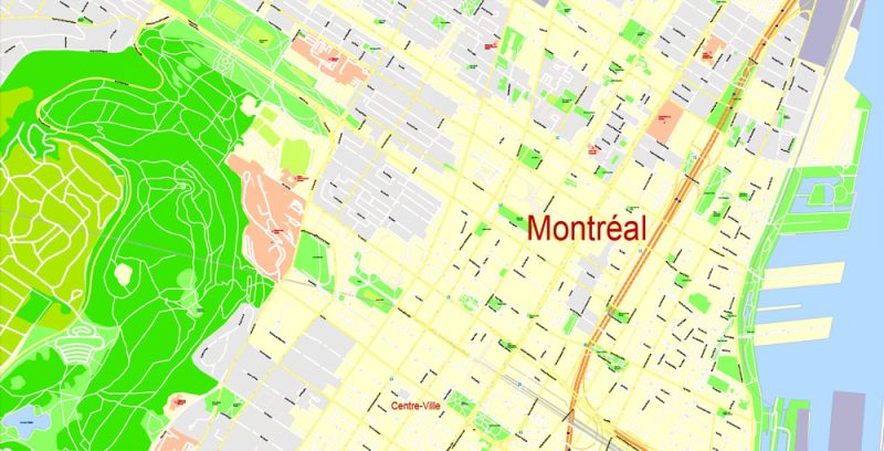 Printable Map Montreal, Canada, exact vector Map street G-View City Plan Level 17 (100 meters scale) full editable, Adobe Illustrator