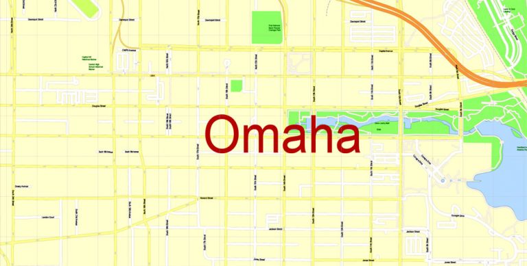 Omaha Printable Map, Nebraska, US, exact vector Map street G-View City