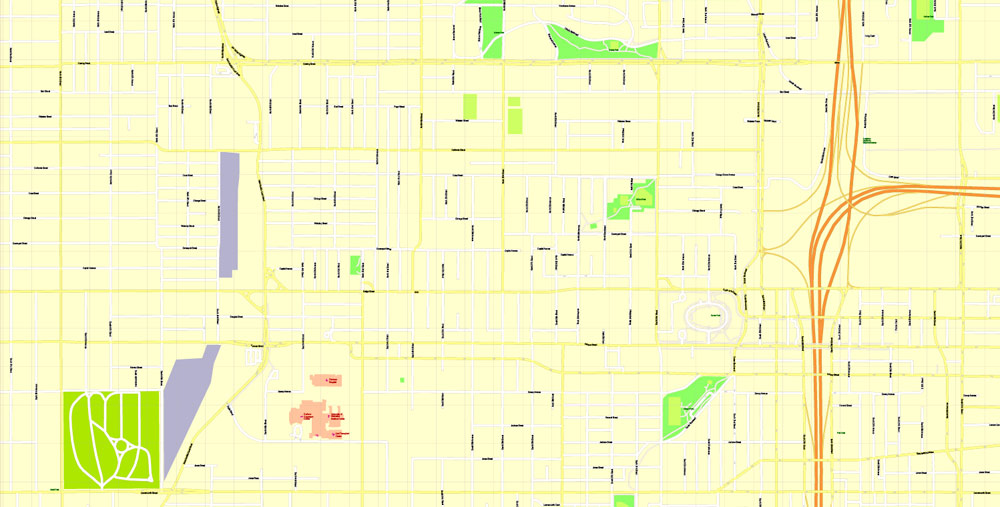 Printable Map Omaha, Nebraska, US, exact vector Map street G-View City Plan Level 17 (100 meters scale) full editable, Adobe Illustrator