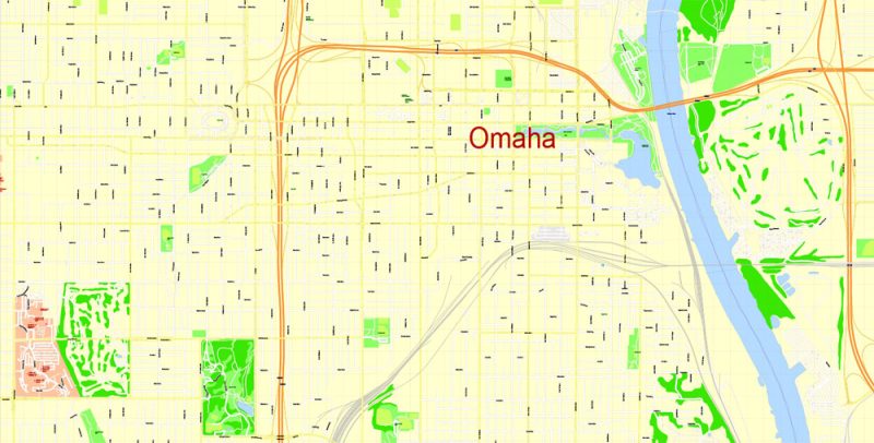 Omaha Printable Map, Nebraska, US, exact vector Map street G-View City Plan Level 17 (100 meters scale)  full editable, Adobe Illustrator