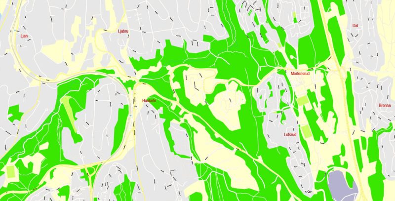 Printable Vector Map Oslo, Norway, G-View level 17 (100 m scale) street City Plan map, full editable, Adobe Illustrator