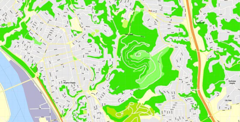 Printable Map Pittsburgh, Pennsylvania, US, exact vector Map street G-View City Plan Level 17 (100 meters scale) full editable, Adobe Illustrator