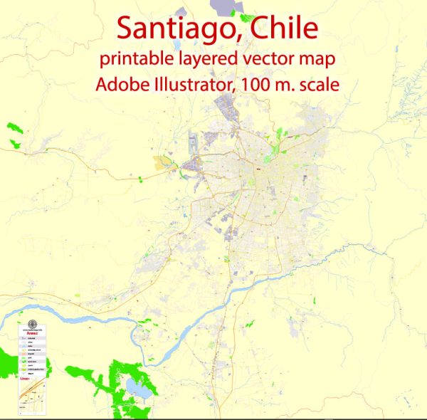 Santiago Printable Map, Chile, exact vector Map street G-View City Plan Level 17 (100 meters scale)  full editable, Adobe Illustrator