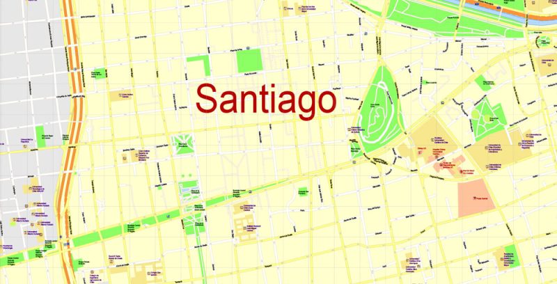 Printable Map Santiago, Chile, exact vector Map street City Plan G-View Level 17 (100 meters scale) full editable, Adobe Illustrator
