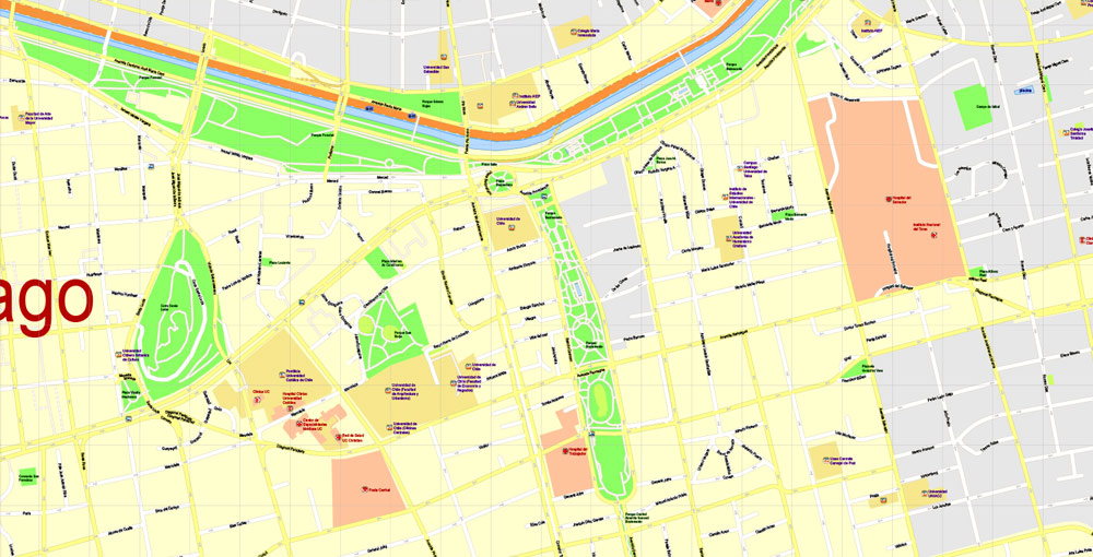 Printable Map Santiago, Chile, exact vector Map street City Plan G-View Level 17 (100 meters scale) full editable, Adobe Illustrator