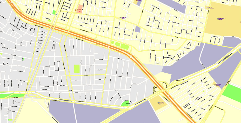 Printable Map Santiago, Chile, exact vector Map street City Plan G-View Level 17 (100 meters scale) full editable, Adobe Illustrator