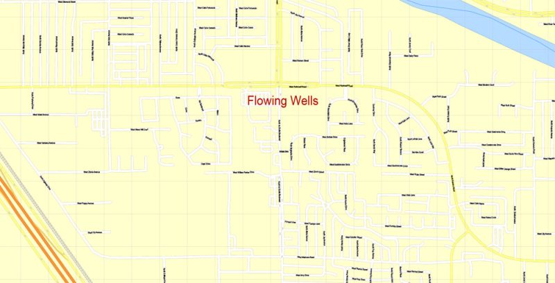 Printable Map Tucson, Arizona, US, exact vector Map street G-View City Plan Level 17 (100 meters scale) full editable, Adobe Illustrator