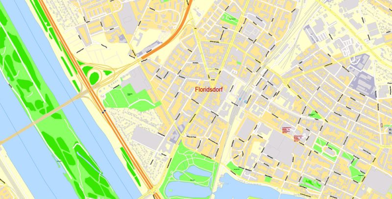 Printable Vector Map Vienna / Wien, Austria, G-View level 17 (100 m scale) street City Plan map with buildings, full editable, Adobe Illustrator
