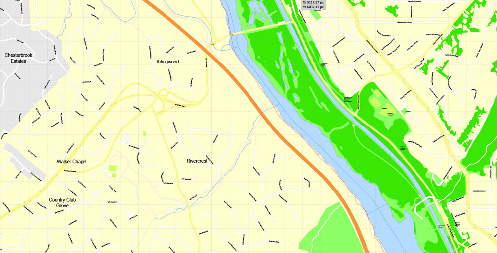 Printable Map Washington DC, US, exact vector Map street G-View City Plan Level 17 (100 meters scale) full editable, Adobe Illustrator