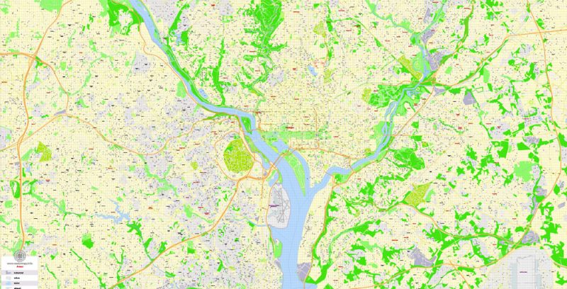 Printable Map Washington DC, US, exact vector Map street G-View City Plan Level 17 (100 meters scale) full editable, Adobe Illustrator
