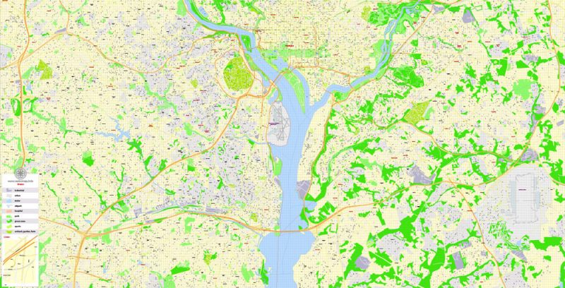 Washington DC + Arlington, US, exact vector Map street City Plan 100 meters scale full editable, Adobe Illustrator