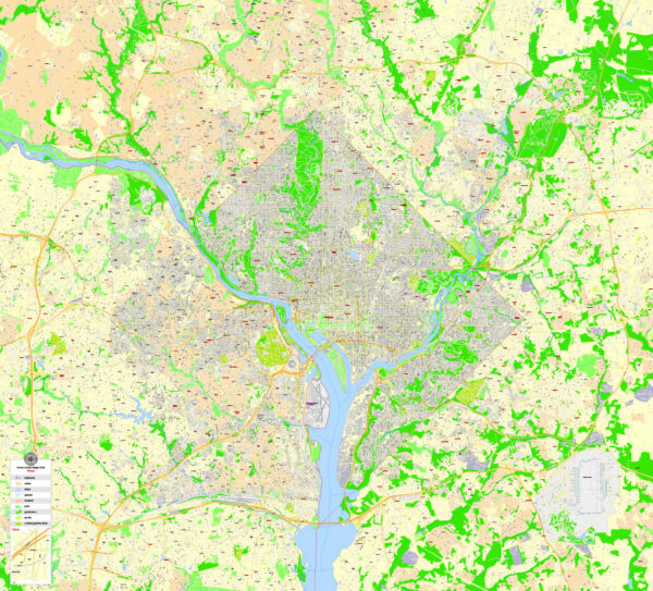 Washington DC + Arlington Printable Map, US, exact vector City Plan all ...