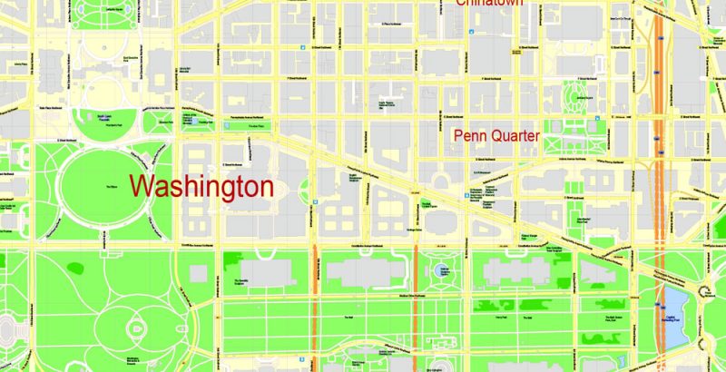 Printable Map Washington DC, US, exact vector Map street G-View City Plan Level 17 (100 meters scale) + all buildings, full editable, Adobe Illustrator