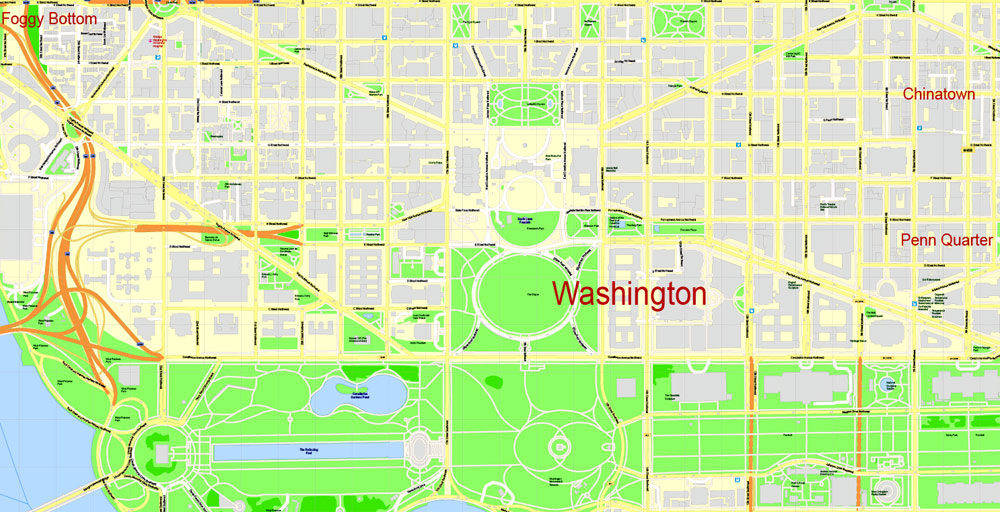 Printable Map Washington DC, US, exact vector Map street G-View City Plan Level 17 (100 meters scale) + all buildings, full editable, Adobe Illustrator
