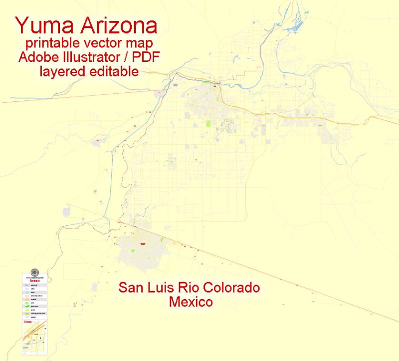 Printable Map Yuma, Arizona, US, exact vector Map street G-View City Plan Level 17 (100 meters scale) full editable, Adobe Illustrator