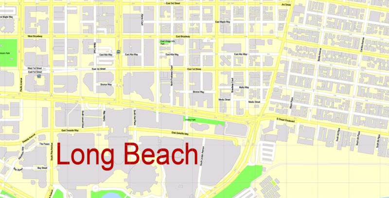 Printable Map Long Beach, California, US, exact vector Map street G-View City Plan Level 17 (100 meters scale) full editable, Adobe Illustrator
