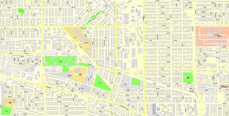 Printable Map Long Beach, California, US, exact vector Map street G-View City Plan Level 17 (100 meters scale) full editable, Adobe Illustrator