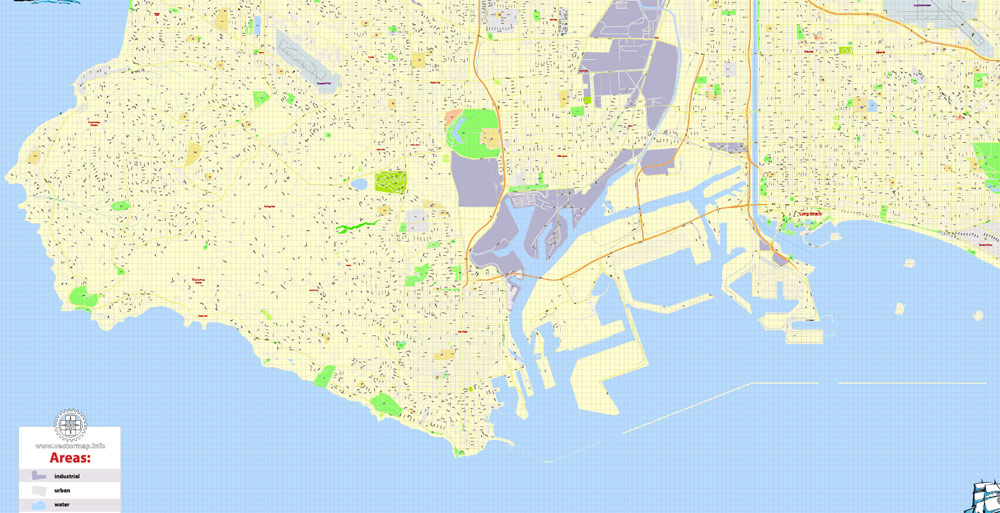 Printable Map Long Beach, California, US, exact vector Map G-View City Plan Level 17 (100 meters scale) full editable, Adobe Illustrator