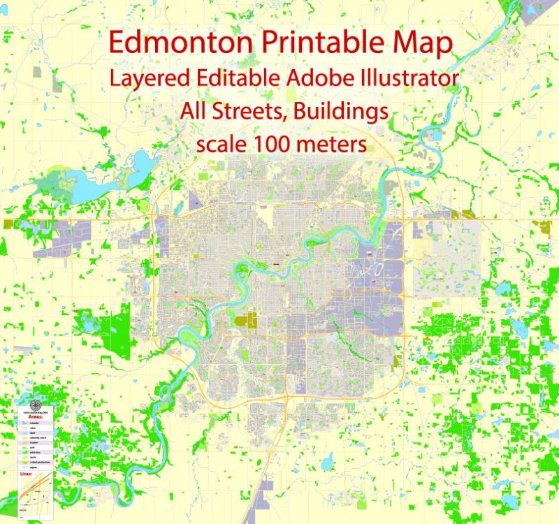 Printable Map Edmonton, Canada, exact max detailed Tactical Map City Plan Level G-View 17 (100 meters scale) full editable, Adobe Illustrator
