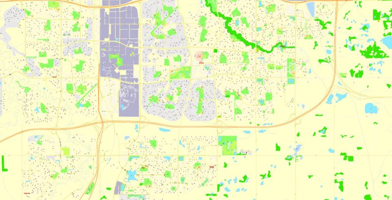 Printable Map Edmonton, Canada, exact Map City Plan Level G-View 17 (100 meters scale) full editable, Adobe Illustrator