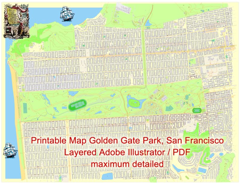 Printable Map Golden Gate Park, San Francisco, US, exact vector Map street G-View City Plan Level 20 (25 m scale 1:928), full editable, Adobe Illustrator