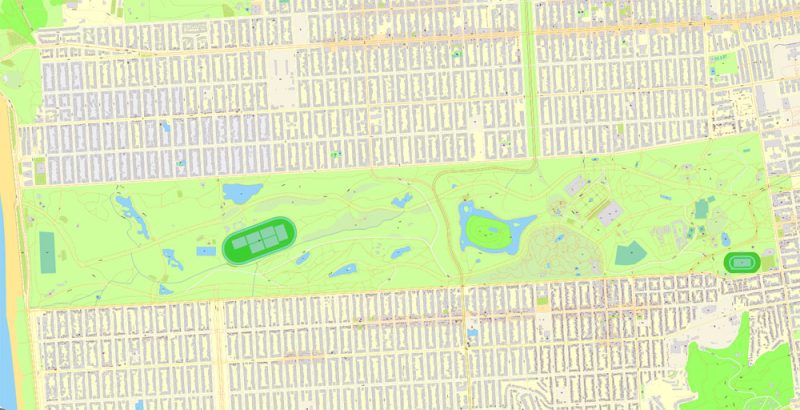 Golden Gate Park Printable Map, San Francisco, US, exact vector Map street G-View City Plan Level 20 (25 m scale 1:928), full editable, Adobe Illustrator