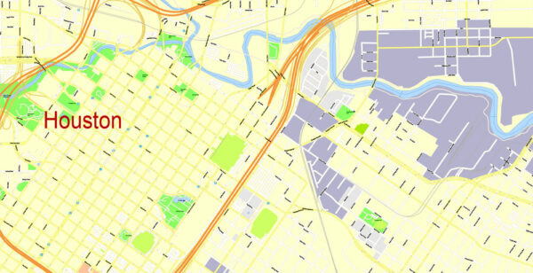 Houston Printable Map, Texas, US, exact vector City Plan 100 meters ...