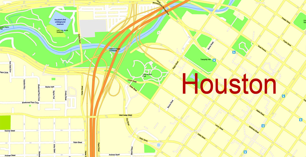 Printable Map Houston, Texas, US, exact vector Map street G-View City Plan Level 17 (100 meters scale) in 2 parts, full editable, Adobe Illustrator